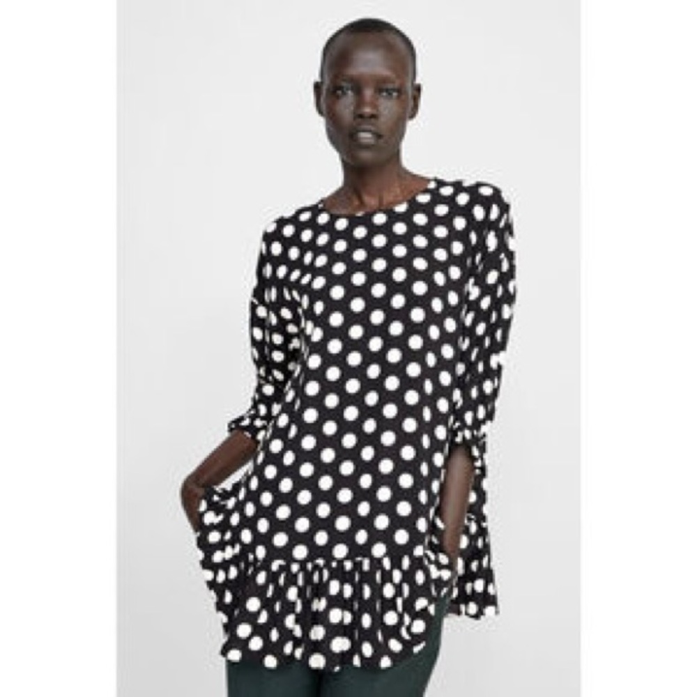 ZARA Oversized Polka Dot Black & White Ruffle Hem Tunic Blouse Top/ Mini Dress